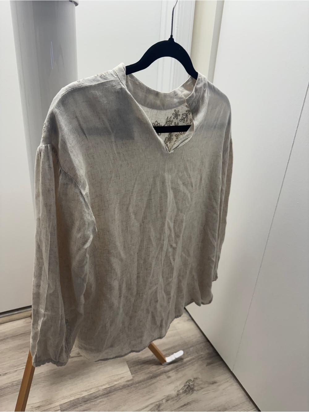 Zara Beige Linen Embroidered Long Sleeve Blouse Top XS
